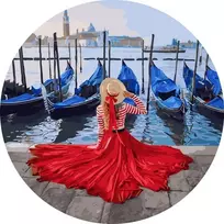 SuperColor Tapyba Pagal Skaičius: „Mergina raudona suknele prie gondolų“ 40x40 cm