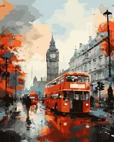 SuperColor Tapyba Pagal Skaičius: „Raudonas dviaukštis autobusas Londono lietuje“ 40x50 cm