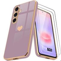 Case + 2 Tempered Glasses for Samsung Galaxy A37 5G, Silicone Heart Pattern Anti-Scratch Purple violetinė