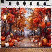 2D rudens gatvės fonas, šviečiantis žibintas ir kritusių lapų fotografijos fonas 70.9x43.3inch/180*110cm red