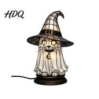 Halloween Night Light Stained Glass Witch Hat Lamp Black Cat Ghost Raven Decorative Bedside Lamp Light Gothic Retro Resin Table for Bedroom E