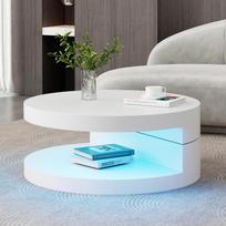 70*70*35,5cm Kavos staliukas, Stalviršis laisvai besisukantis 360 laipsnių, su LED apšvietimo juosta, Cilindrinis MDF, Keliamoji galia iki 30 kg, 2 sluoksnių konstrukcija 70 x 70 x 35.5 cm balta