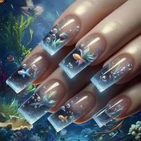 24Pieces Press On Nail With Marine Animal Patterns Clear ABS False Nail Long Lasting Wear For Women Special Event Everyday Use 1 gray