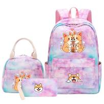 Tie-dye Corgi Print Backpack Set 3Pcs for Girls Back To School Bag with Lunch Box & Pencil Case Teen Student College Daypack 43CMX30CMX16CM white