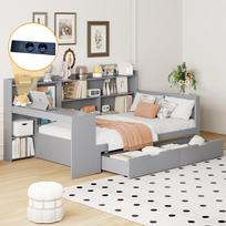Kietmedžio miegamoji sofa-lova, 90*200 cm, Su stalu, knygų lentyna ir lentynomis, Su elektros lizdu, Su 2 dideliais daiktadėžėmis, Daugiafunkcinė medinė lova, Pilka 245.5 x 114.5 x 100 cm pilka