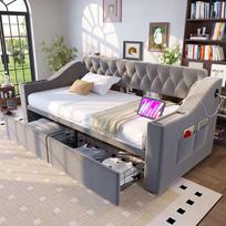 Apmuštas miegamasis sofa 90*190 cm, Platesni, storesni porankiai su USB įkrovimo prievadu, Su laikymo kišenėmis, Su laikymo stalčiumi, Aksominis audinys, Šviesiai pilka 214.5 x 96 x 78.5 cm šviesiai pilka spalva
