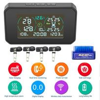 Wireless Car TPMS OBD2 HUD Solar USB Tire Pressure Monitoring 4 Internal Sensors speed/MPG black