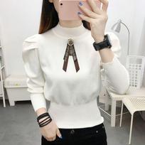Autumn winter Women's Pullovers Half High Collar Folds Puff Sleeve Versatile Slim Fashion Casual Commuter Sweaters Tops M abrikosas