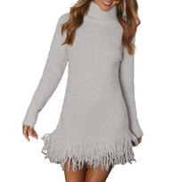 Women's Fringed Fashionable Knitted Sweater High-neck Sweater Dress XL balta