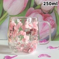 250 ml dvigubos sienelės stiklinis puodelis su konservuota rožine hortenzija | Gėlių izoliuotas kavos/arbatos puodelis namams ir biurui 250ml white
