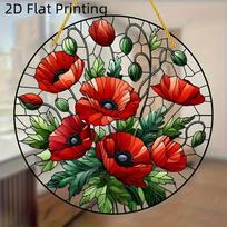 2D Flat Acrylic Vibrant Red Poppy & Green Leaves  Decoration , Use No Batteries/Electricity Needed, Unique Indoor/Outdoor Decoration , Multipurpos 20*20cm red