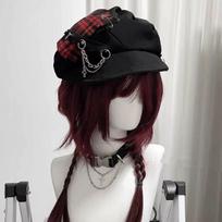 Dark Checkered Harajuku Beret Hat Spice Cross Punk Cap Women's Men's Berets  Punk Subculture raudona