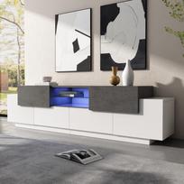 LED televizoriaus spintelė, TV pramogų centras su stiklinėmis lentynomis, žaidimų medijos spintelė 80/75/70/65/55 colių televizoriams, Balta+Pilka 180 x 40 x 45 cm