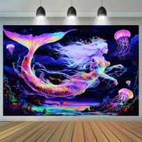 VIKAMA Psychedelic Neon Mermaid Tapestry Black Light Lamp Ocean Print Hanging Cloth Living Room Room Decoration 47.2x31.5inch/120*80cm blue