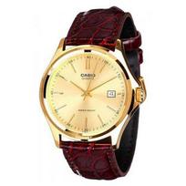 Casio vyriškas analoginis laikrodis su auksiniu ciferblatu ir odiniu dirželiu - MTP1183Q-9A / Klasikinis laikrodis, Autentiškas Casio beige
