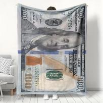 $100 Bill Print Flannel Blanket, Realistic US Dollar Pattern Throw, Soft Cozy for Money Lover Home Decor, Warm Sofa Couch Gift 75x90cm