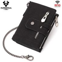 HUMERPAUL Men cowhide wallet Oxford cloth RFID anti-theft credit card bag coin purse with chain wallet with photo window juoda