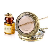 Retro Vintage Bronze Pendant Pocket Watch Little Cute Drink Me Tag Necklace Chain Top Fashion Gifts for Girls Women beige