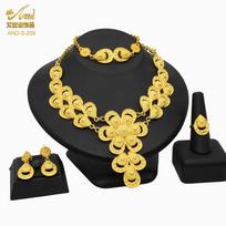 24K Gold Plated Arab Women's Bridal Necklace Earrings Ring Bracelet Indian Women's Jewelry Set 2026 45CM yellow