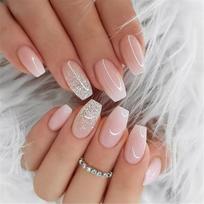 French Style Press on Nail with Glitters Powder Glossy False Nail Artificial Nail Acrylic Stick on Nail Manicure 24pcs 1 gray