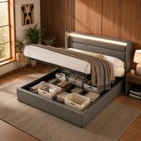 Hydraulic Storage Bed with LED Light Strip, Double Bed Bed Frame Upholstered Bed 140x200cm, Functional Bed, Grey (With Remote Control) 202 x 146 x 107.5 cm pilka