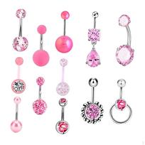 12Pcs Belly Button Rings Body Jewelry Navel Barbell Accessories Stainless Steel Pink Piercing pink