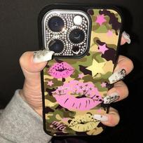 Y2K Spicy Girl Camouflage Star Rose Red Lip Print Korean Cute Phone Case For iPhone 16 15 14 13 12 11 Pro Max XR 7 8 Plus Cover For iPhone 16 Pro Max