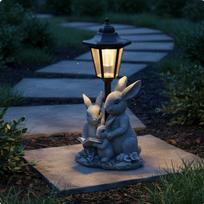 Solar Bunny Garden Statue Weather Resistant Powered Hare Figurine Lamp Waterproof Resin Cement Family Rabbit blue
