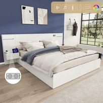 Dvigulė lova 180x200 cm, medinė, USB, elektroninis laikrodis, Bluetooth, LED juosta, be čiužinio, balta