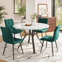 Valgomojo stalo komplektas 5 vnt, marmuras, juodos metalinės kojos, 4 žali aksominės kėdės