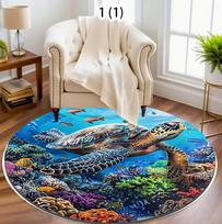 Vibrant Underwater World Rug Round Ocean Carpet with Turtle Seahorse & Fishes Colorful Marine Life Mat for Kids Room Beach Decor Diameter 80cm blue