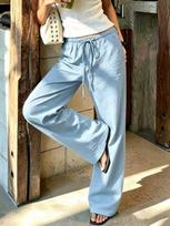 Women's White Drawstring Wide-Leg Pants - Relaxed Loose Fit Lightweight Summer Vacation Trousers S dangaus mėlyna spalva