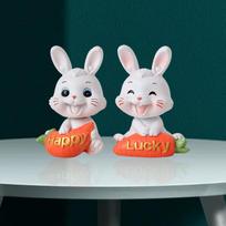 2 Painted Carrot Bunny Figurines Sculptures, Miniature Resin Rabbit Decoration, Statue for Rabbit white