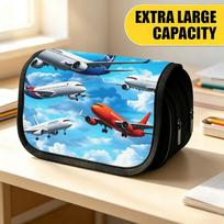 Double Layer Large Pencil Case, Vibrant Printed Pencil Pouch with Sky Airplanes Clouds Design, Fashion Storage Bag, Portable Pencil Case with Zipper, 20x9x11cm blue