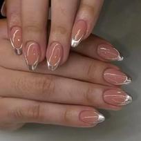 24Pcs Short Almond Press On Nails Nude Pink Glossy With Silver Edge Full Cover Artificial Nails For Daily Wear brown