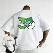 Pokémon 30-ojo jubiliejaus Bulbasaur spausdinti marškinėliai 2026 m. vasara Vyriški ir moteriški laisvi kasdieniai hiphopo stiliaus trumparankoviai viršutiniai drabužiai M beige