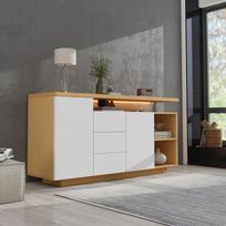 (=316176177ZAA)Daugiafunkcinis komoda, Ilgis 140 cm, Baltos ir medžio imitacijos - 2 durys, 3 stalčiai, 2 atviros lentynos, su LED apšvietimu 140 x 40 x 70 cm