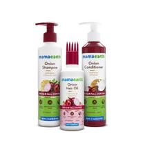 Mamaearth Anti-Hair Fall Spa rinkinys | Svogūnų šampūnas 250 ml + Kondicionierius 250 ml + Plaukų aliejus 150 ml | Skatina augimą | Mažina plaukų slinkimą | Minkština plaukus white