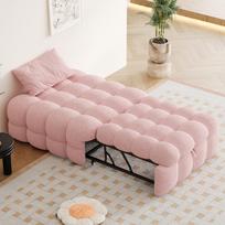 Apmušta lova, 2 viename pufas, ištraukiama sofa-lova, viengulė lova, minkšta lova, bouklė, rožinė 183 x 76 x 72 cm rožinė
