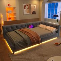 (=WX001033AAE)Sleeper Sofa, 90x200cm (without Mattress), Ambient Lighting with Remote Control, Headboard with Button Tufting, Usb+Type-C, Linen, Grey 213 x 103 x 50 cm pilka