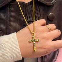 Real Gold 24K Electroplating Strong Color Retention Sapphire Cross Pendant Premium Sweater Chain Light Luxury brown