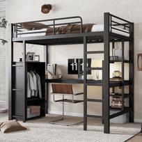 Iron bed, bunk bed, suitable for children and adolescents, table and wardrobe, storage compartments, 5-step ladder, iron+chipboard, black, 90x200cm 204 x 95 x 180 cm juoda