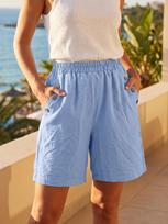Women's Light Blue Linen Textured Bermuda Shorts with Side Button Accents – Relaxed Summer Beach Vacation S mėlyna