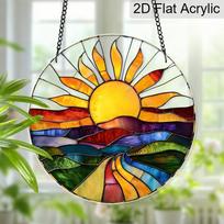 Acrylic Sunset Landscape Suncatcher Stained Glass Effect Window Hanging Ornament Nature Decor 20cm/7.87Inches yellow