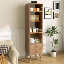 Modern Highboard with Glass Door, Display Cabinet with Adjustable Shelves and 2 Drawers, Floor Cabinet for Living Room, Bathroom & Office in Wood Look 39.8 x 35 x 160 cm natūrali