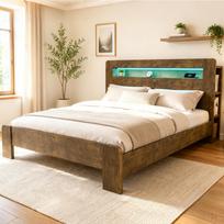 Medinis lovos rėmas su saugykla galvūgalyje, LED apšvietimas, integruoti lizdai, moderni platforminė lova vintažinio medžio 180 x 200 cm 218 x 181 x 107 cm natūrali