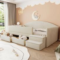 Apmuštas miegamasis sofa, 90*190cm, Daugiafunkcinė lova, Su dviem stalčiais ir apsauginiais turėklais, Su laipteliais, Odai draugiškas veliūrinis audinys, be čiužinio, Smėlio spalvos 201 x 98.5 x 69.5 cm smėlis