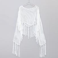 Summer pullover short hollow knitted sweater fringed casual and thin top long sleeve loose stacking blouse One size fits all balta