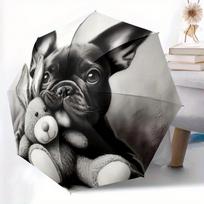 1pc French Bulldog & Teddy Bear Print Umbrella - Automatic Foldable Travel Umbrella with 8-Rib Design, Durable Plastic & Iron gray