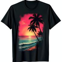 Black Tshirt With Vibrant Tropical Sunset Graphic Trees Ocean Design S red